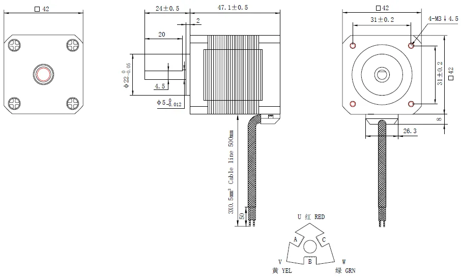 NEMA 17 Stepper Motor 1-2deg 0.32Nm 1.5A 3 Phase 3 Leads